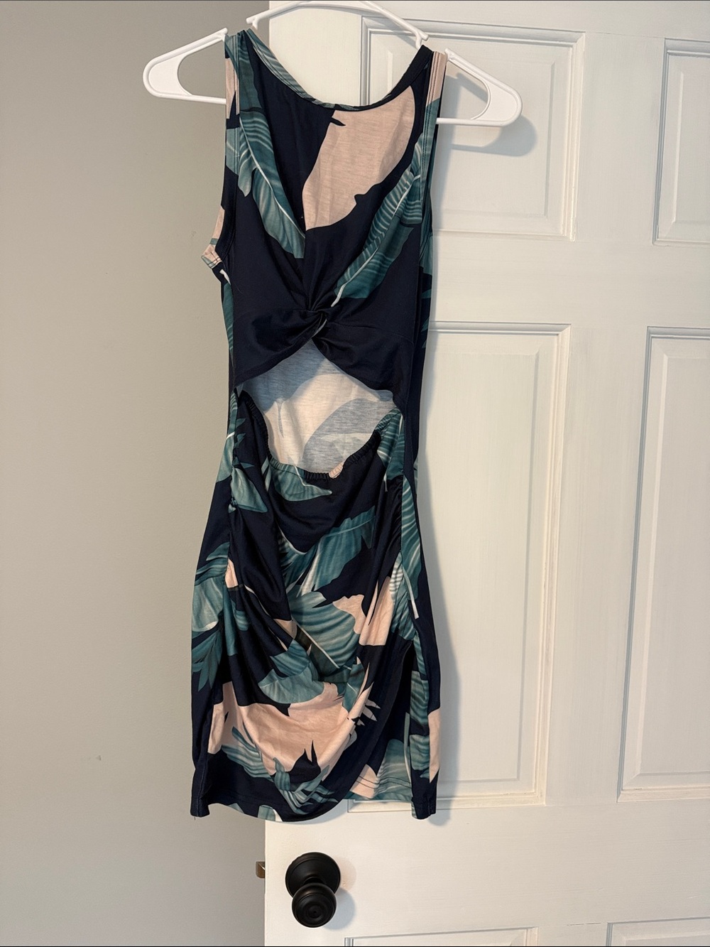 Women's Navy Tropical Leaf Twist-Front Dress